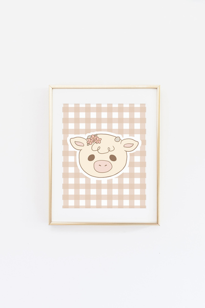 Cow on Mocha Gingham Print