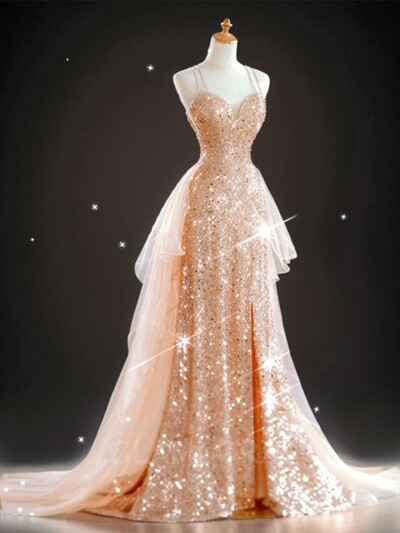 Elegant A-line V-neck Sweep Train Dress With Slit,1013