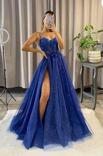 Flattering A-line Spaghetti Straps Sleeveless Sweep Train Corset Dress With Sequins,1016