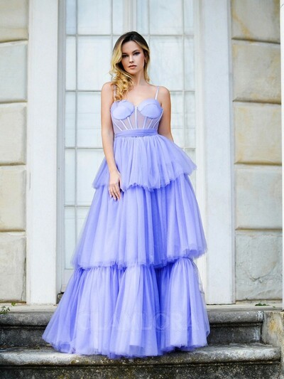 A-line Spaghetti Straps Floor-Length Tulle Corset Dress,1017