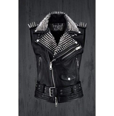 Handmade Men's Fashion Black Leather Silver Studded Zipper Jacket