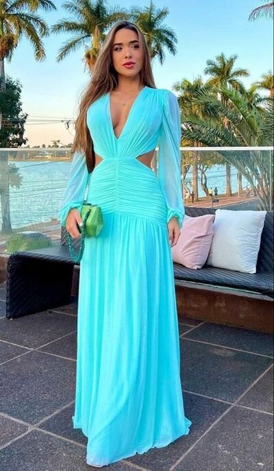 Blue Sheer Long Sleeve Prom Dress Graduation Gown Party Dress