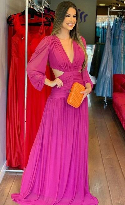 Hot Pink Fuchsia Sheer Long Sleeve Prom Dress Graduation Gown Party Dress