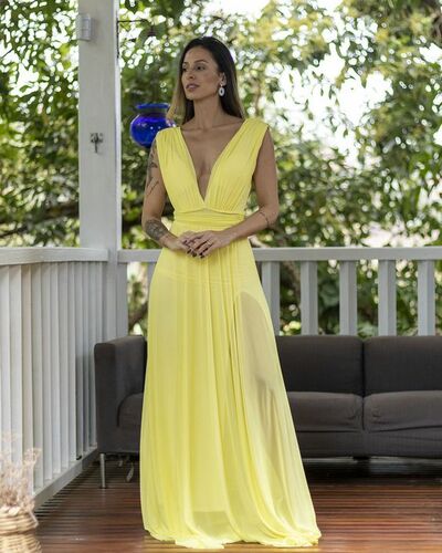 Yellow Chiffon Deep V Neck Prom Dress Graduation Gown Party Dress