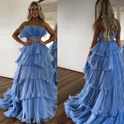 Dusty Blue Prom Dresses Layers Ruffles