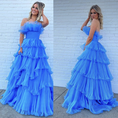 Sky Blue Prom Dresses Layers Ruffles