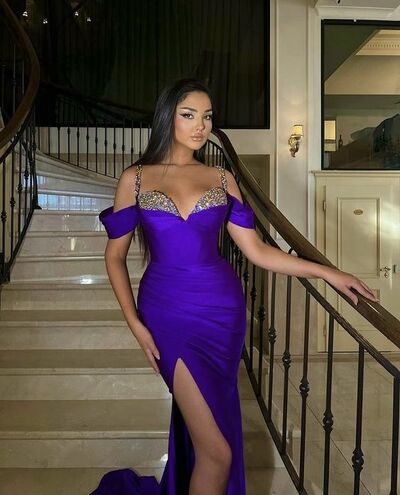 Purple Mermaid Beading Crystals Prom Dress Graduation Gown Party Dress