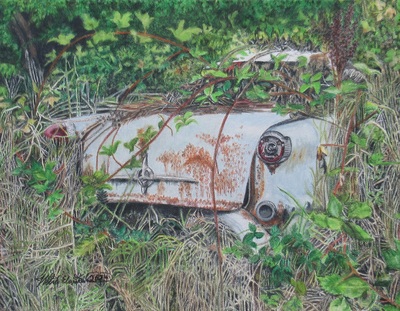 "Sad 'N' Blue" By N.E.Thompson, Original colored pencil artwork on stretched canvas, size 11x14 inches