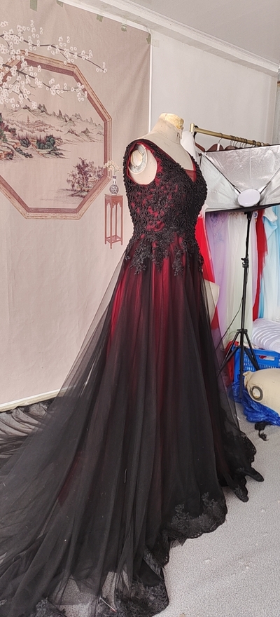 A-Line Black and Red Wedding Dresses with Lace Appliques Colored Wedding Gowns,1738