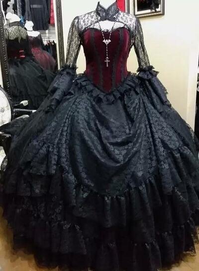 Vintage Black Gothic Wedding Dresses Bridal Ball Gown Long Sleeves High Neck Velvet Lace Tiered,1740