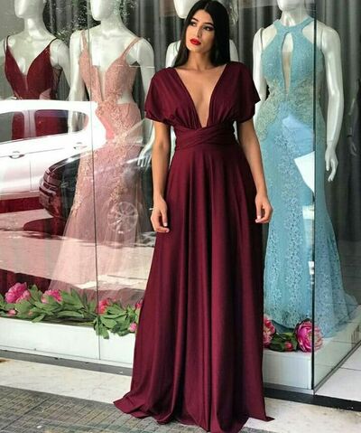 Simple Burgundy Wine Red V Neck Prom Dress Graduation Gown Party Dress