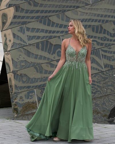 Mint Green Beading Crystals V Neck Prom Dress Formal Gown Party Dress
