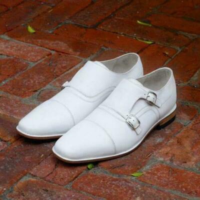 Handmade Men White Monk Shoes, Men Uniform Party Formal Shoes Men dress Shoes