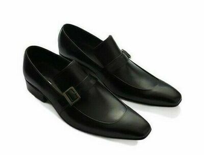 Men's New Black Monk Single Buckle Strap Derby Toe Genuine Cowhide Leather Shoes