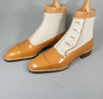 Handmade Two tone Button Boots Men Ankle High Button Boots Tan Leather Boots