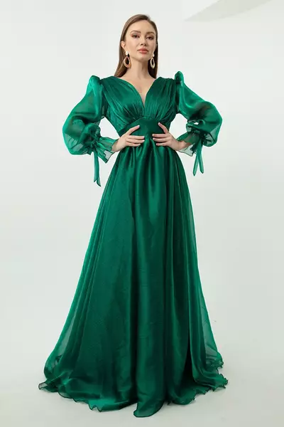 Long Sleeve emerald green evening gown,floor length formal dress,