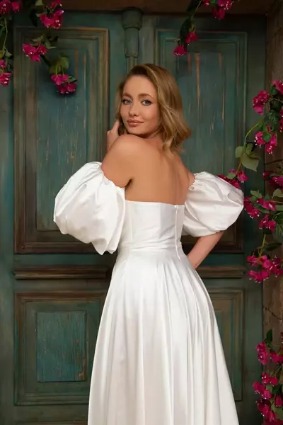 Satin split bridal gown,open back white lace wedding dress