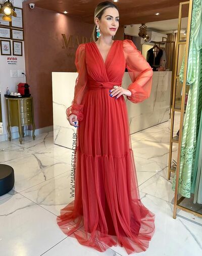 Simple Red Sheer Long Sleeve Prom Dress Formal Gown Party Dress