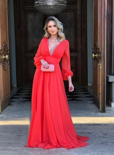 Simple Red Sexy V Neck Prom Dress Formal Gown Party Dress
