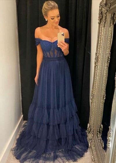 Simple Royal Blue Lace V Neck Prom Dress Formal Gown Party Dress