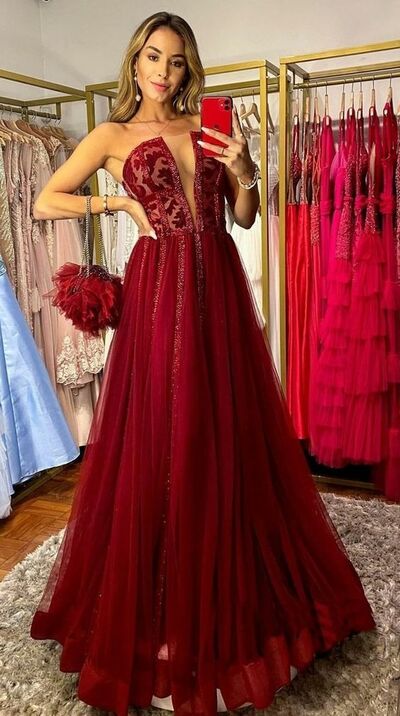 Wine Red Burgundy V Neck Lace Prom Dress Formal Gown Party Dress