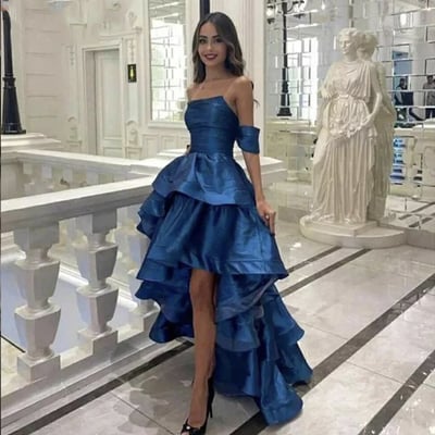 Hi low prom dresses layers off shoulder - Thumbnail 2