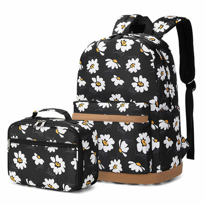 Daisy Flower Print Plus Size School Backpack With Lunch Bag For Teen Daypack Waterproof 15.6 Laptop Floral Nurse Bag Work College Backpack