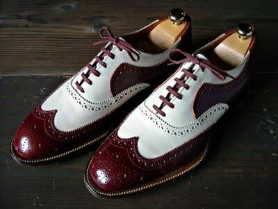 Handmade Men Two Tone Maroon White Lace up Spectator Wing Tip Brogues Toe Premium Dress Shoes