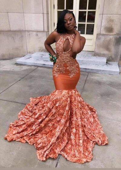 Orange Lace Appliques African Girl Prom Dress Formal Gown Party Dress