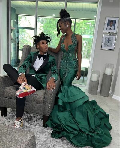 Dark Green Beading Crystals African Girl Prom Dress Formal Gown Party Dress