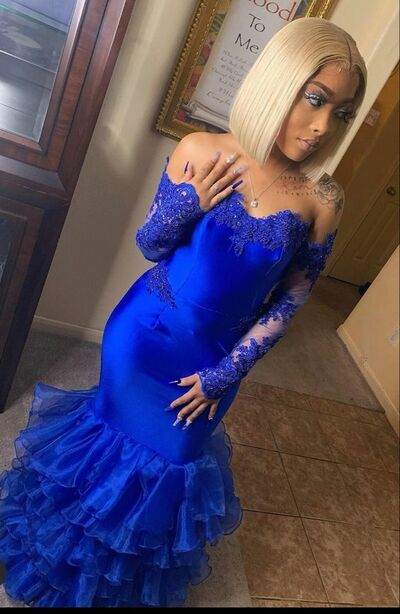 Royal Blue Lace African Girl Prom Dress Formal Gown Party Dress