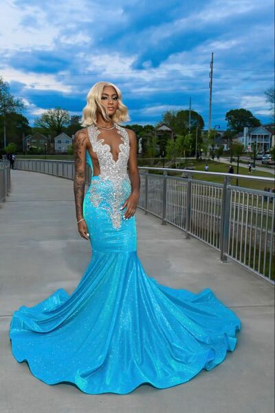 Blue Beading Crystals African Girl Prom Dress Formal Gown Party Dress