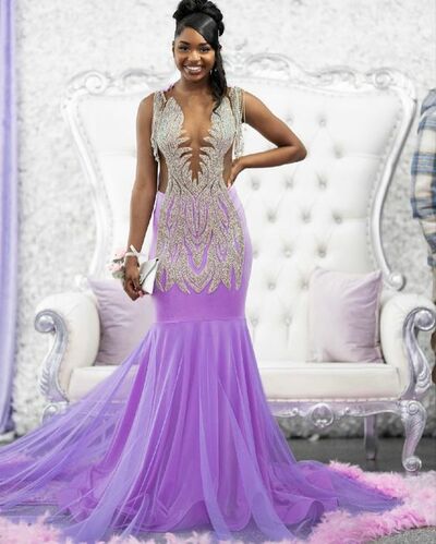 Purple Beading Crystals African Girl Prom Dress Formal Gown Party Dress