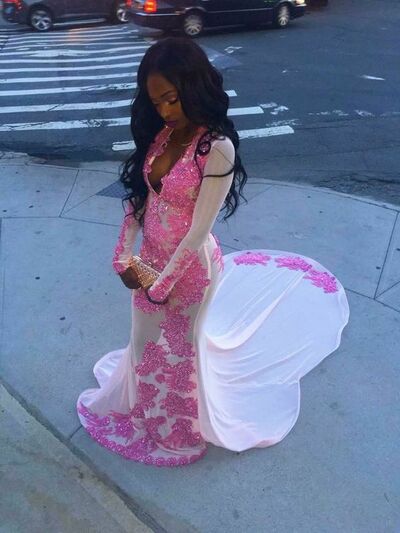 Pink Lace Appliques African Girl Prom Dress Formal Gown Party Dress