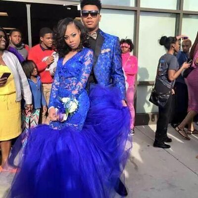 Royal Blue Lace African Girl Prom Dress Formal Gown Party Dress