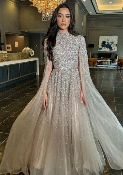 Sexy Modest Long Drape Sleeves Prom Dress with Beaded