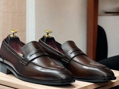 Men's Red Penny Loafer Leather Shoes, Handmade Slip On Moccasin Shoes