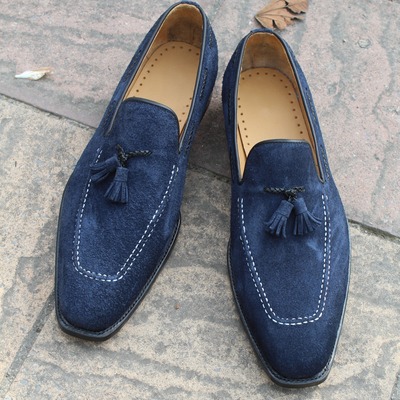 Crafted leather handmade men navy blue tassel loafers slip on dress shoes  - Thumbnail 4