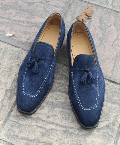 Crafted Leather Handmade Men Navy Blue Tassel Loafers Slip on Dress Shoes