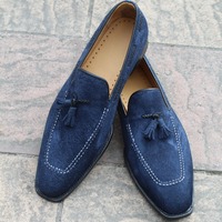Crafted Leather Handmade Men Navy Blue Tassel Loafers Slip on Dress Shoes  - Thumbnail 1