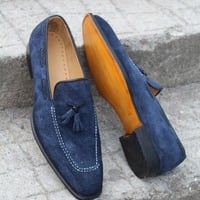 Crafted Leather Handmade Men Navy Blue Tassel Loafers Slip on Dress Shoes  - Thumbnail 2