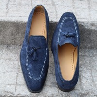 Crafted Leather Handmade Men Navy Blue Tassel Loafers Slip on Dress Shoes  - Thumbnail 3