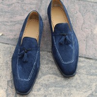 Crafted Leather Handmade Men Navy Blue Tassel Loafers Slip on Dress Shoes  - Thumbnail 4