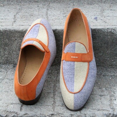 Crafted leather bespoke custom men moccasin dress shoes blue beige linen fabric belgian loafers - Thumbnail 3