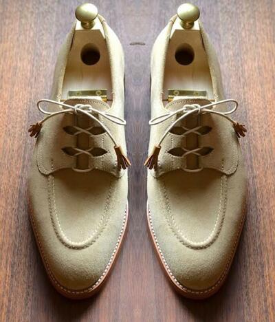 Beige Suede Criss Cross Lace Up Dress Shoes For Men's Handmade Shoes