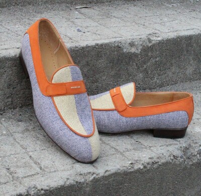 Crafted Leather Bespoke Custom Men Blue Beige Linen Fabric Belgian Loafers Dress Shoes