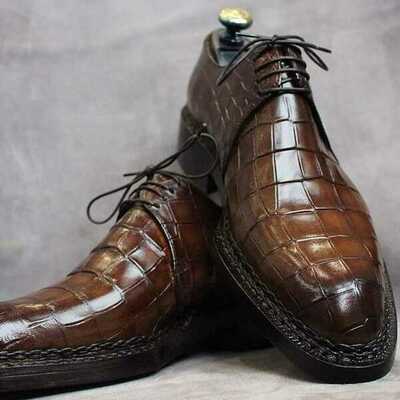 New Mens Brown Crocodile Texture Leather Dress Shoes