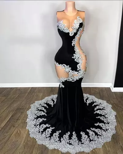 Silver Lace Appliques Black Velvet Mermaid Prom Dresses Luxury Sexy Sheer O Neck Formal Gown Party Evening Birthday Dress Black Girl vestidos