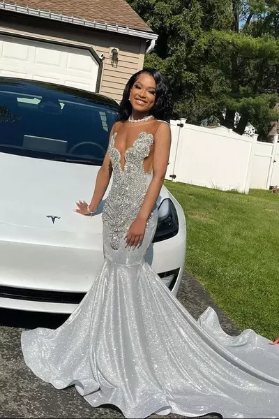 African Girls Silver Grey Mermaid Prom Dresses Sexy Sheer Jewel Neck Appliques beads Long Evening Party Gowns Black Girls Vestidos de bal