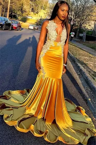 Yellow Gold Mermaid Prom Dresses New Appliques Sleeveless Sheer V Neck Black Girls Graduation Party Evening Gowns
